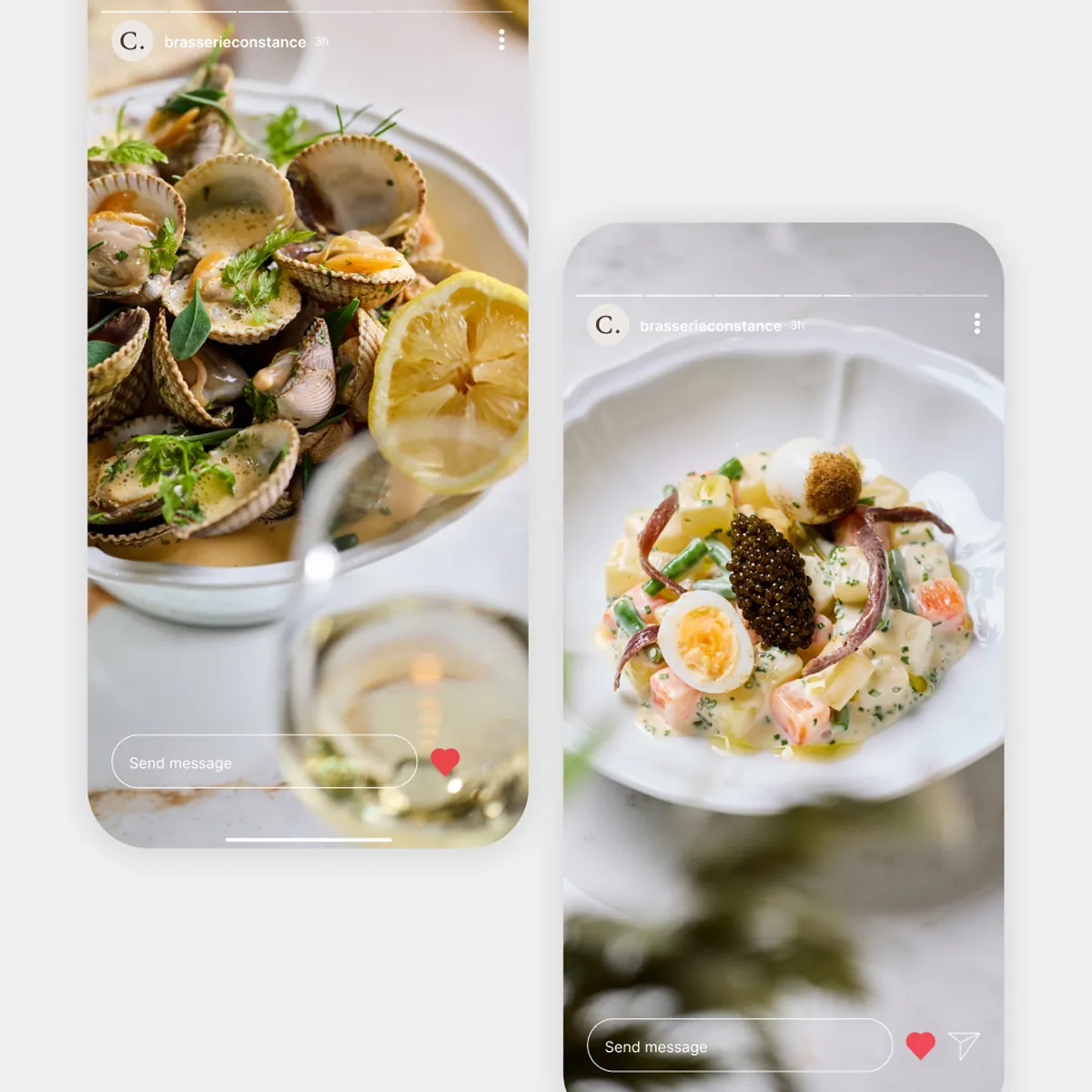 A showcase of high-end food in social media tiles.