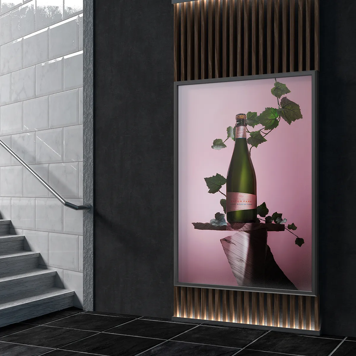 A bottle of Exton Park showcased in a frame on a wall.