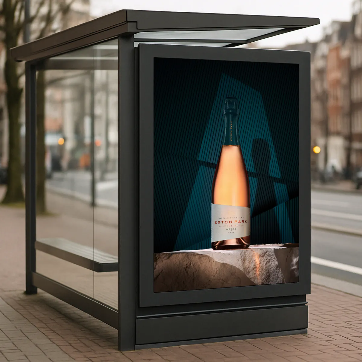 A bottle of Exton Park wine showcased on a bus shelter.