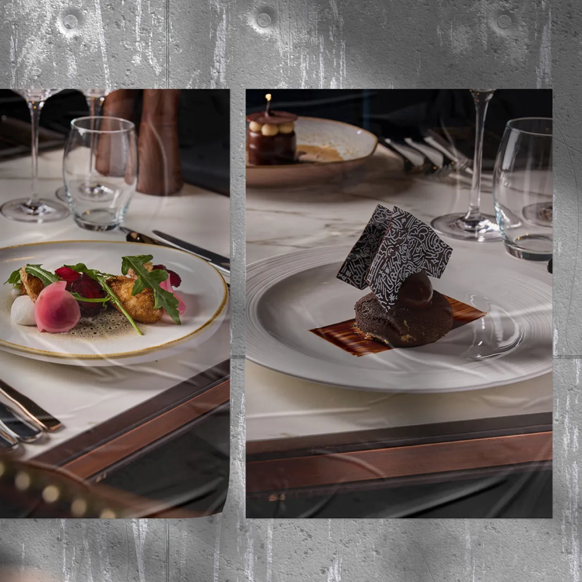 2 desserts on a table in a high end restaurant.