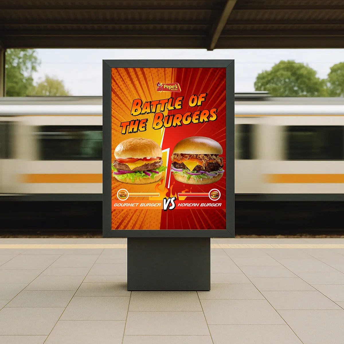 A sign at a train station with imagery of Pepe's food.