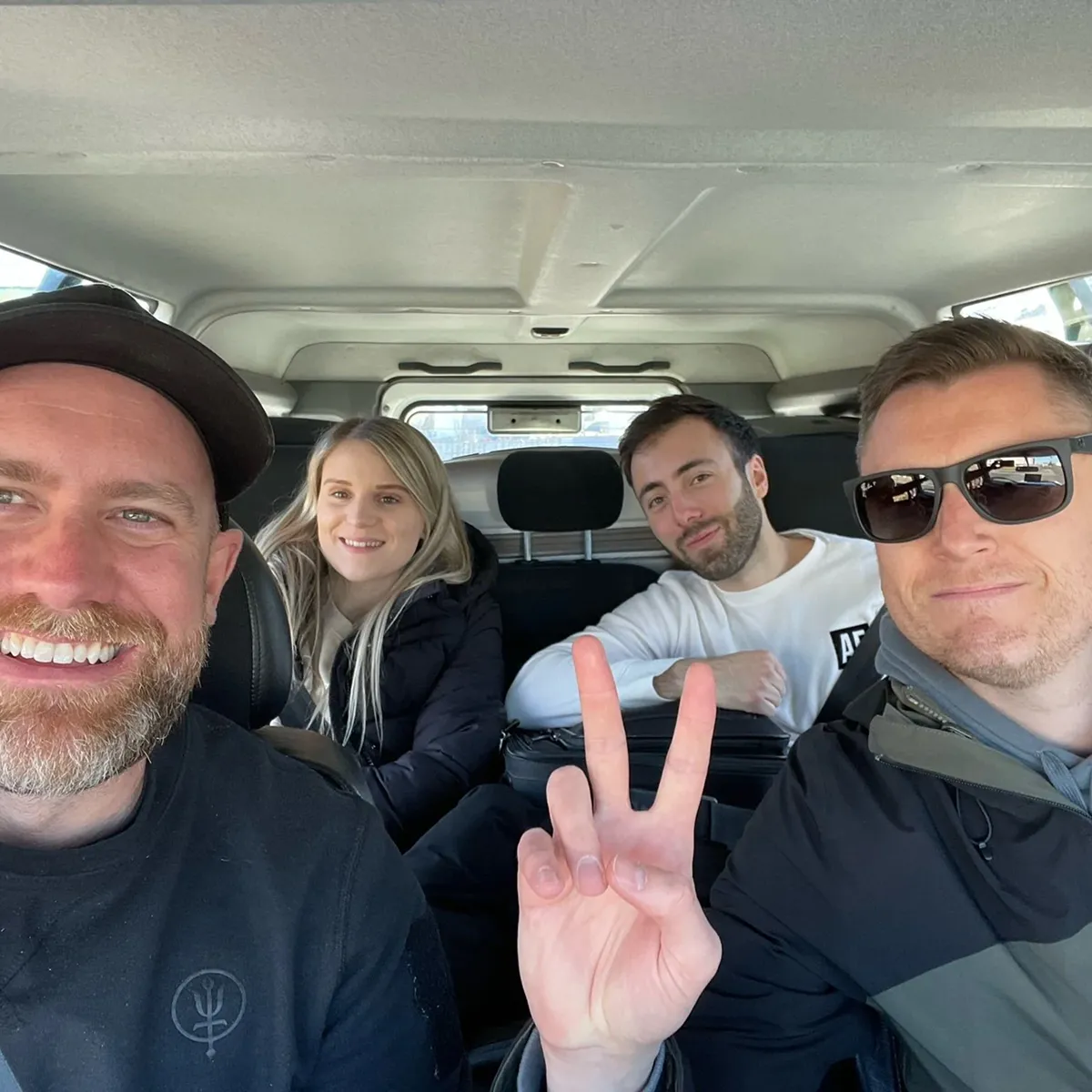 The team on location wrapped up warm in a car.