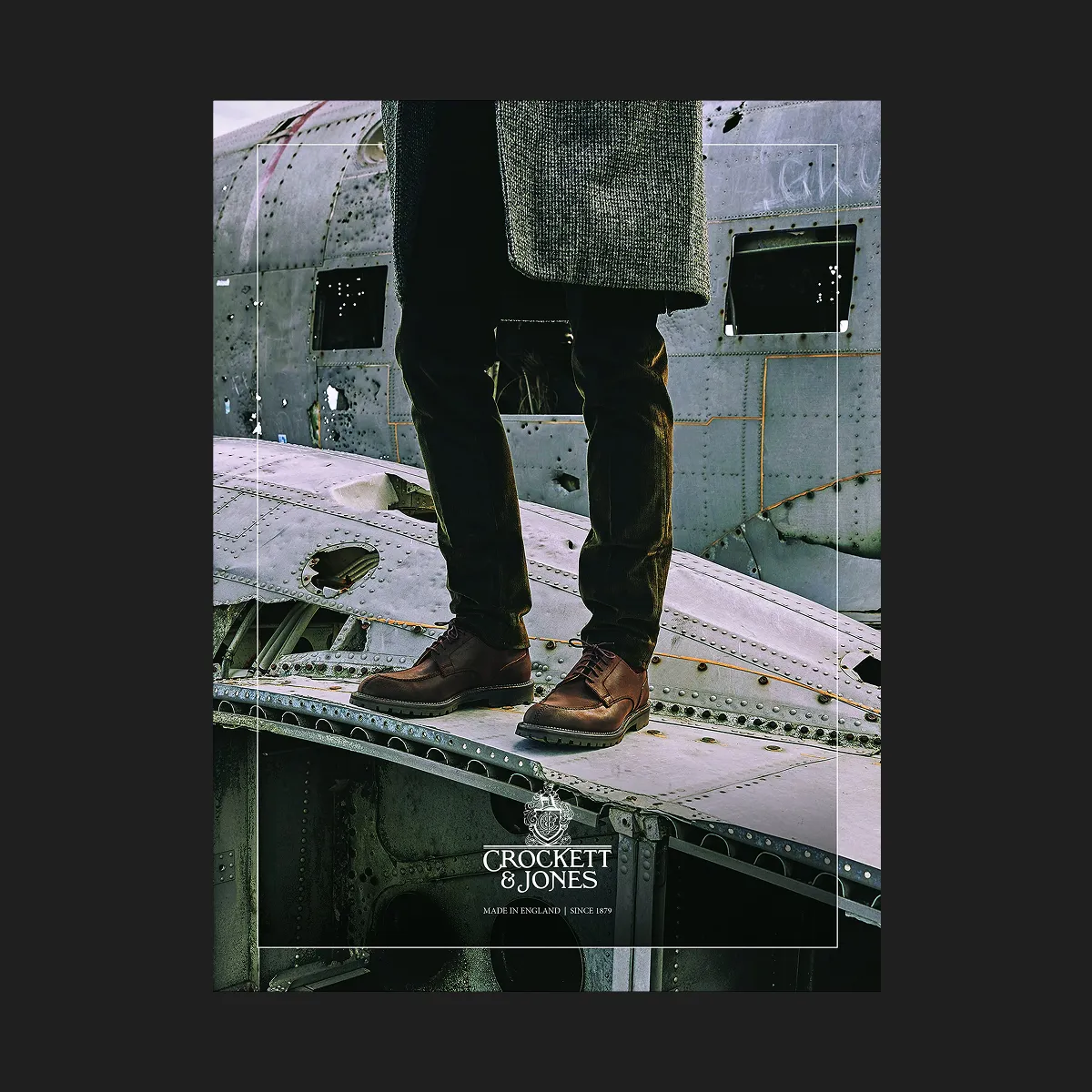 A close-up of a pair of premium shoes from a Crocket and Jones location photoshoot.