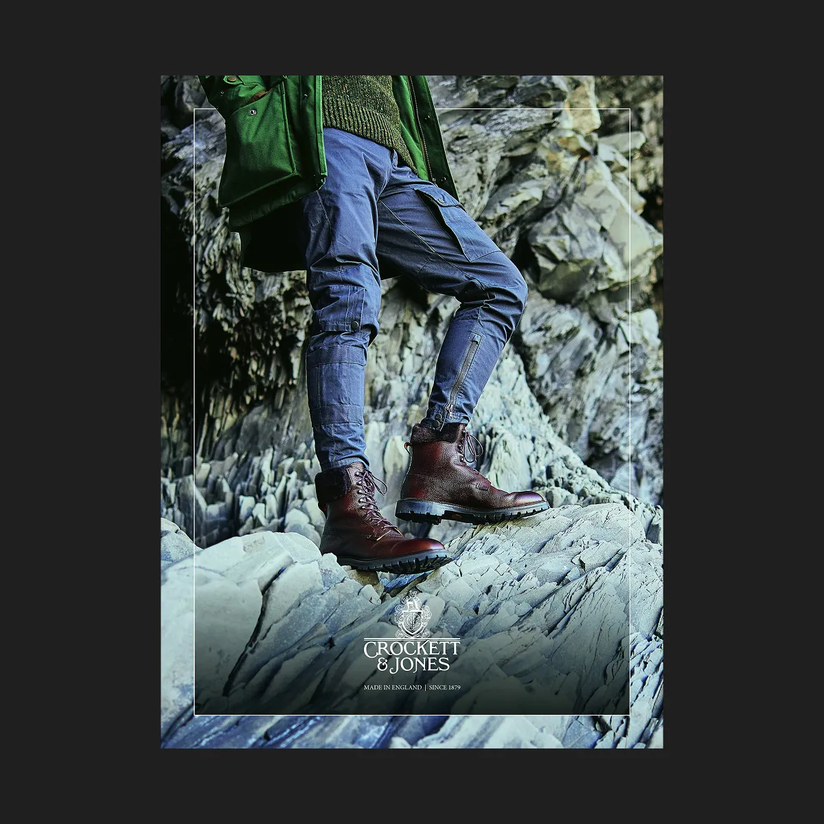 A close-up of a pair of premium shoes from a Crocket and Jones location photoshoot.