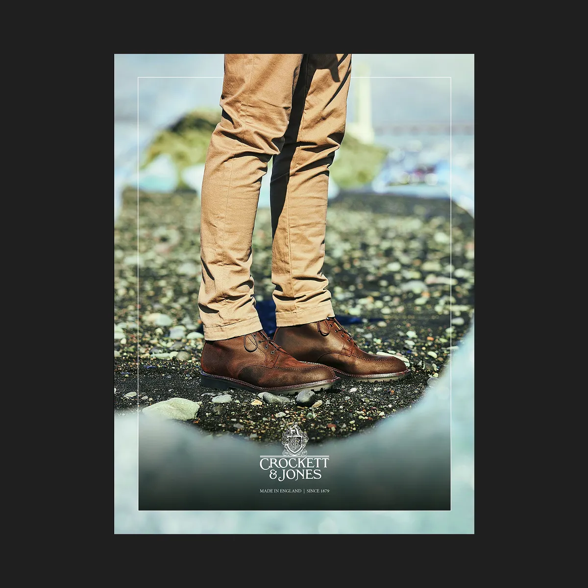 A close-up of a pair of premium shoes from a Crocket and Jones location photoshoot.