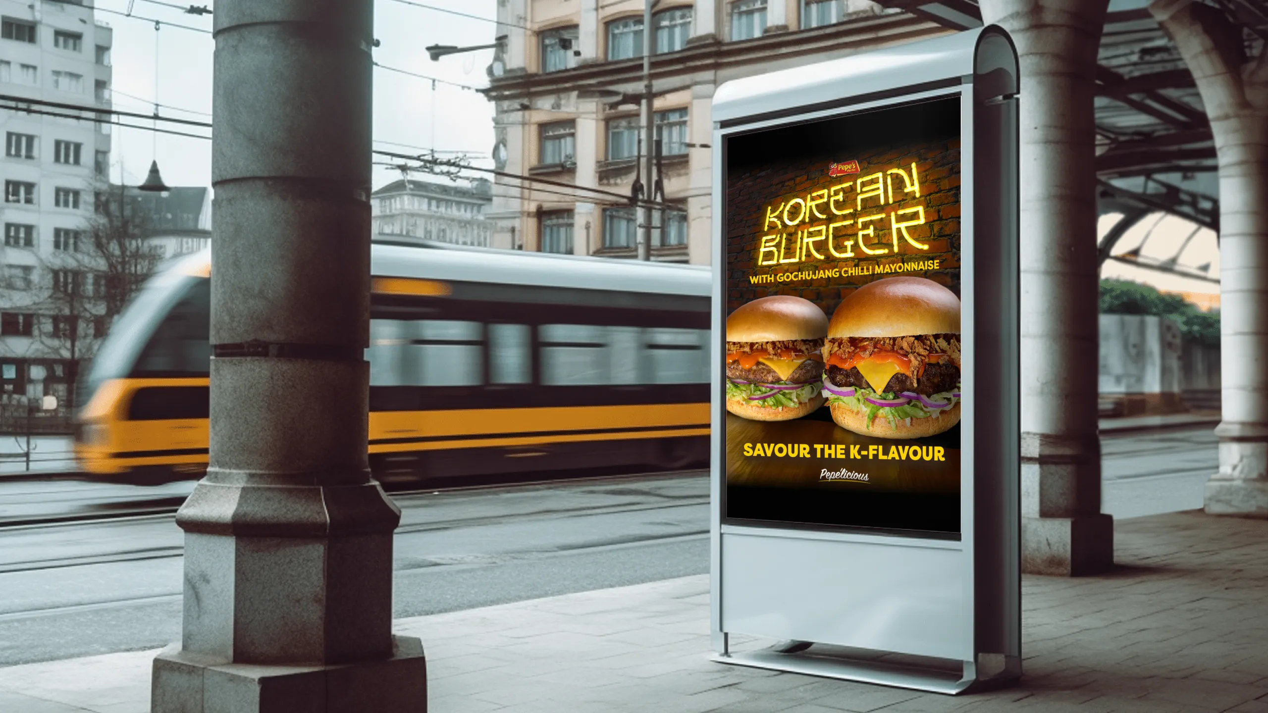 A Pepe's billboard at the train station.