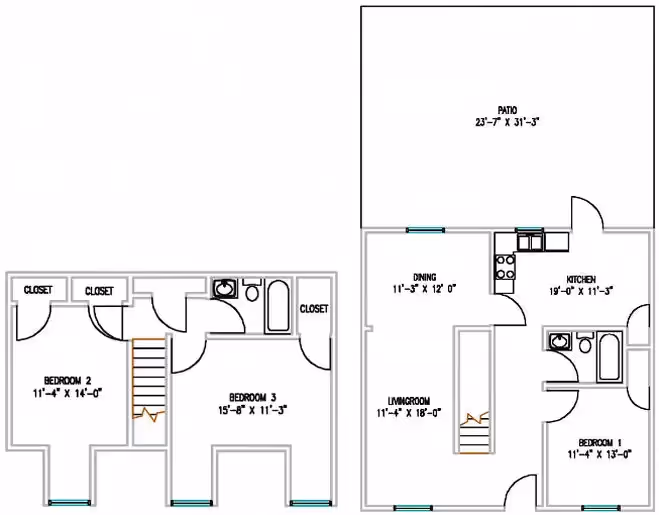 3 Bedroom 2 Bath TH W/Patio layout