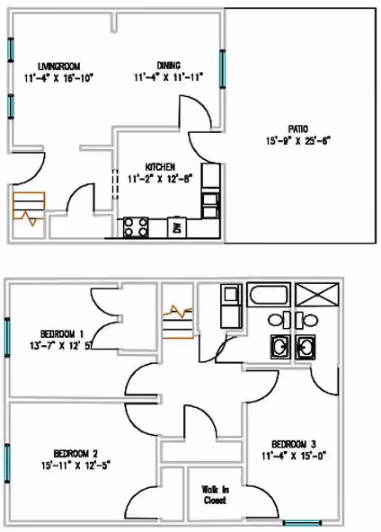 3 Bedroom 2 Bath TH W/Patio layout