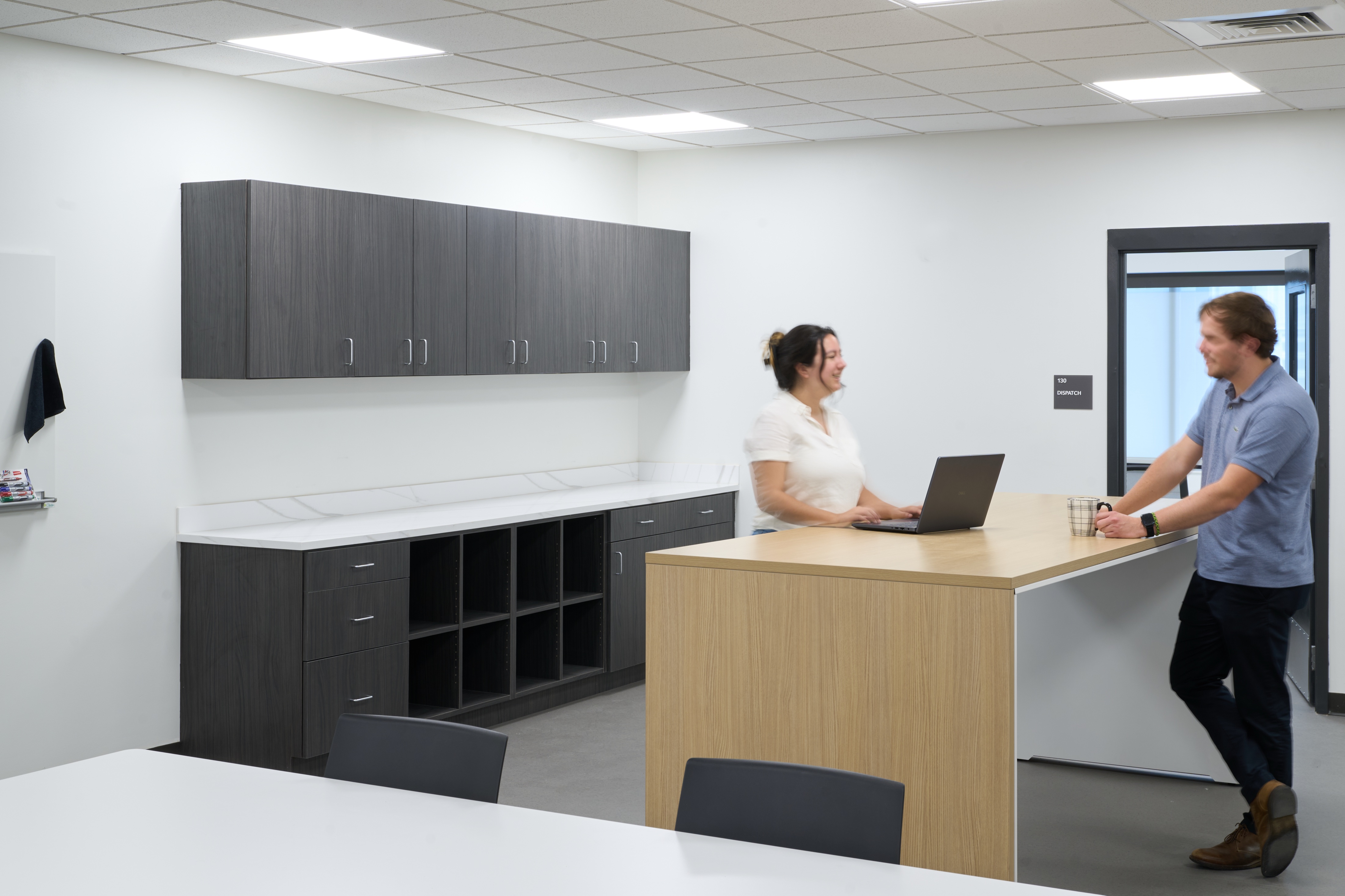 Staff work room with built in casework and standing height counter at Jefferson County Animal Control, photographed by Omar Mohammad Studio