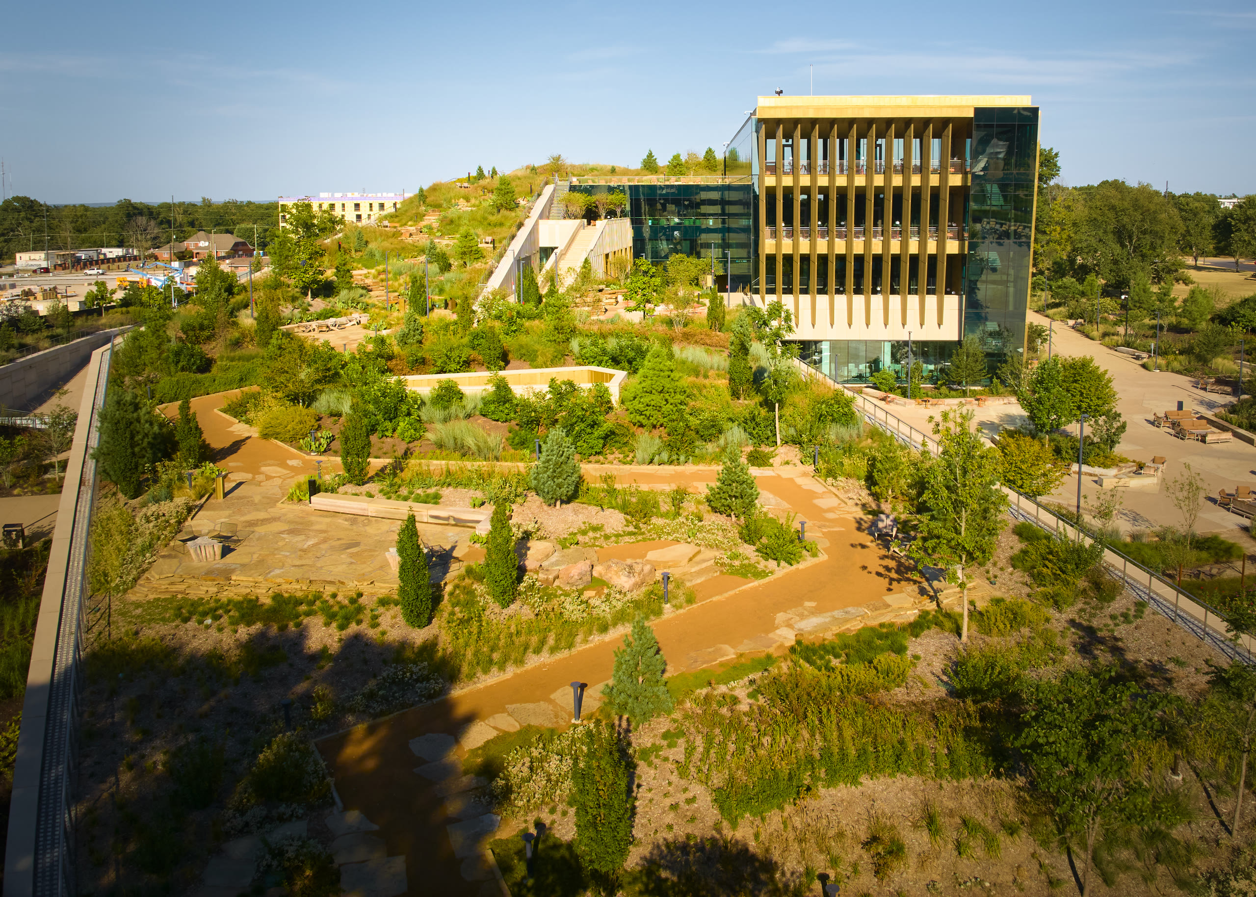 Terraced roof gardens and paths at the Alice L. Walton School of Medicine, architectural photography by Omar Mohammad Studio