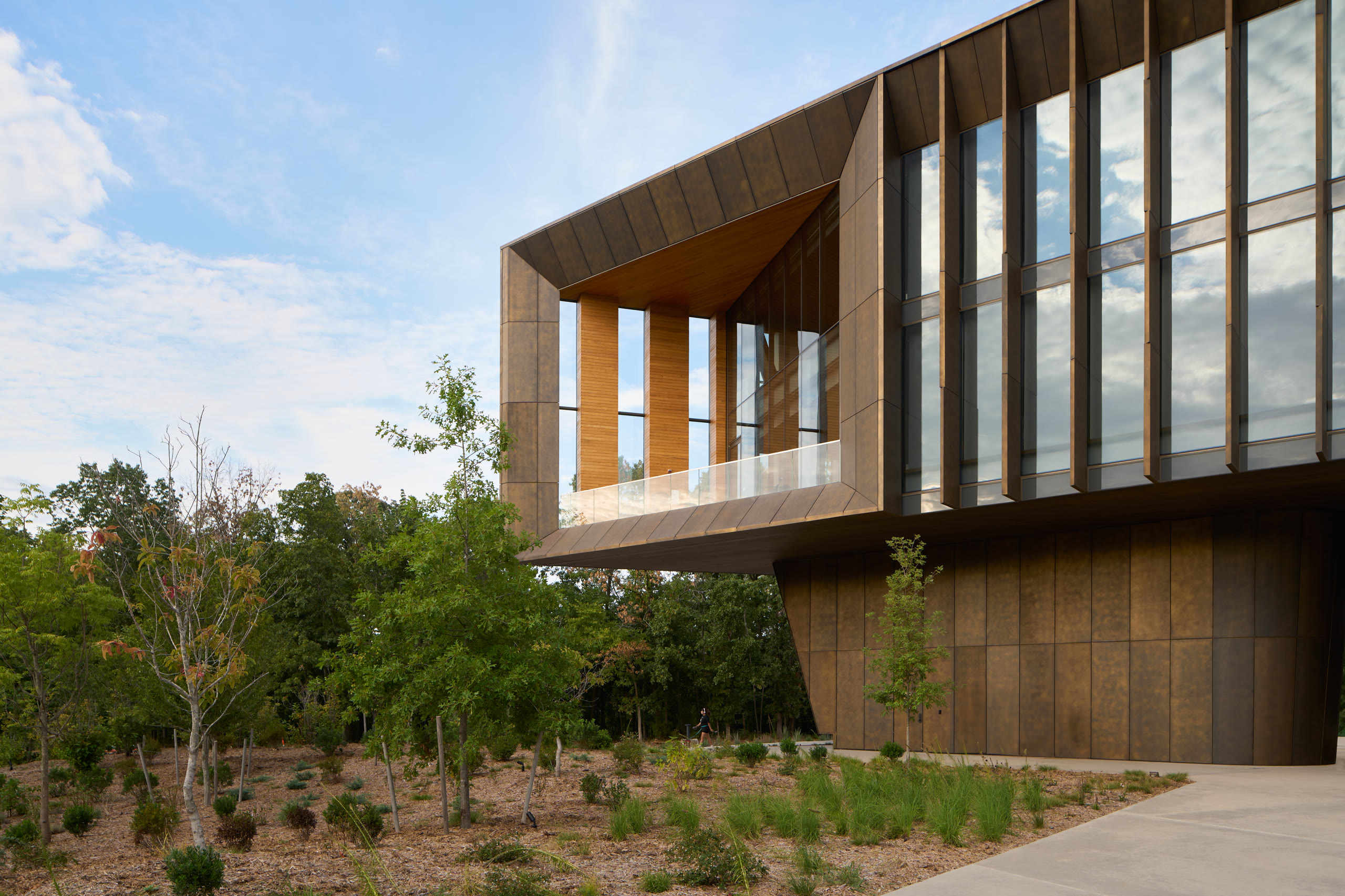 Glass room cantilevered over the woods at Heartland Whole Health Institute, architectural photography by Omar Mohammad Studio