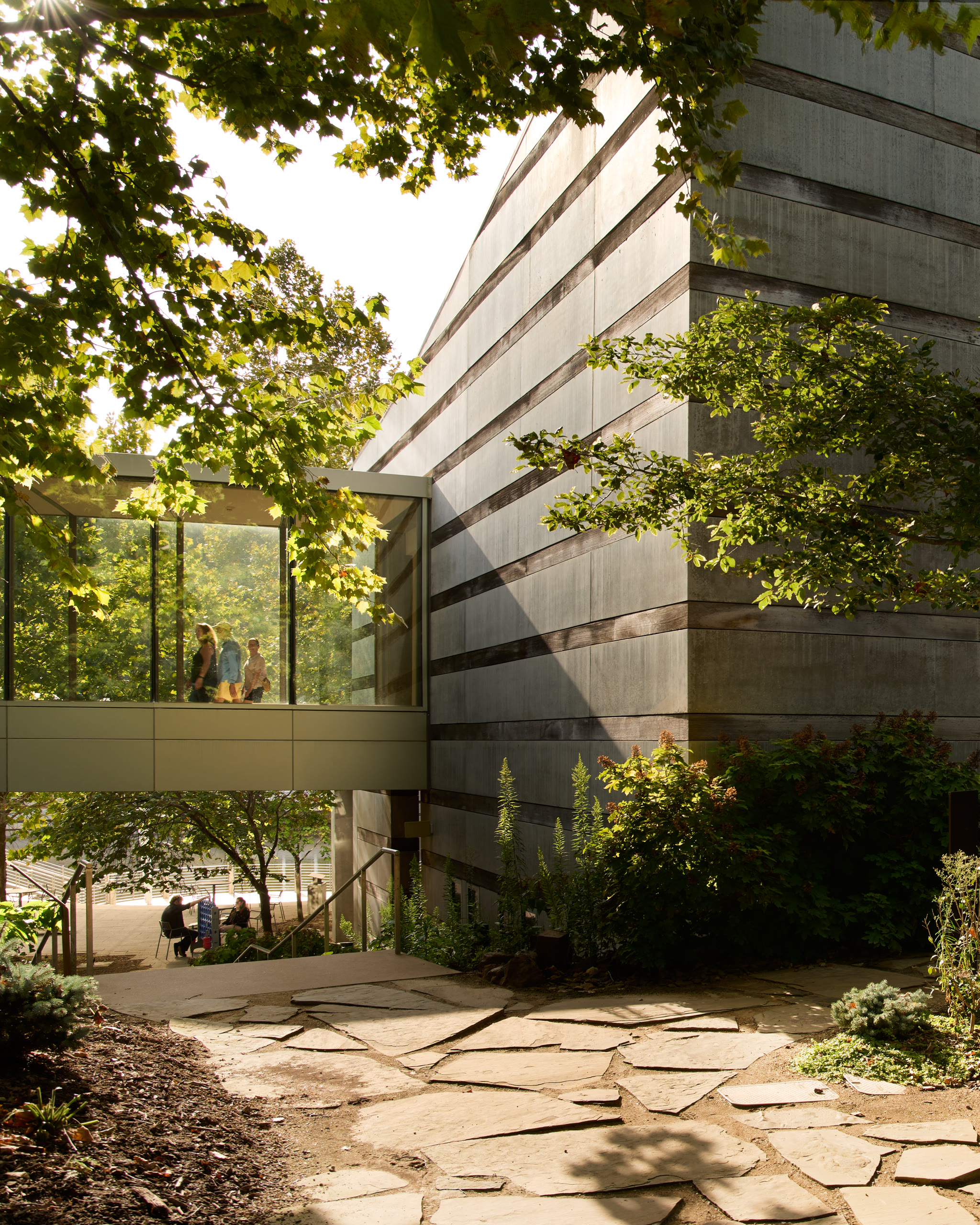 Stone path leading to a glass walkway at Crystal Bridges Museum of American Art, architectural photography by Omar Mohammad Studio