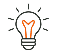 Black outline of a light bulb with orange filament inside and small lines indicating light rays.