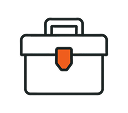 Simple black briefcase icon with an orange clasp.