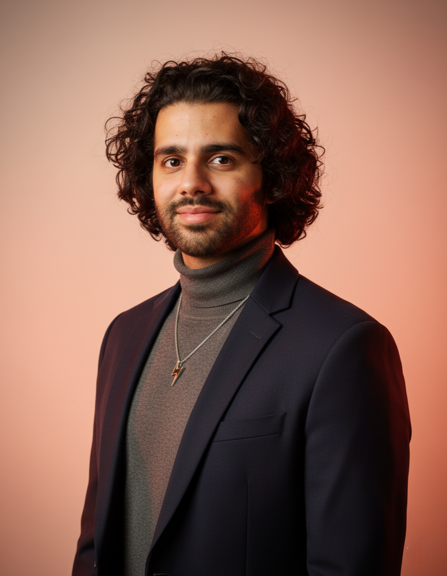 Man with curly dark hair and beard wearing a gray turtleneck and a dark blazer with a lightning bolt necklace.