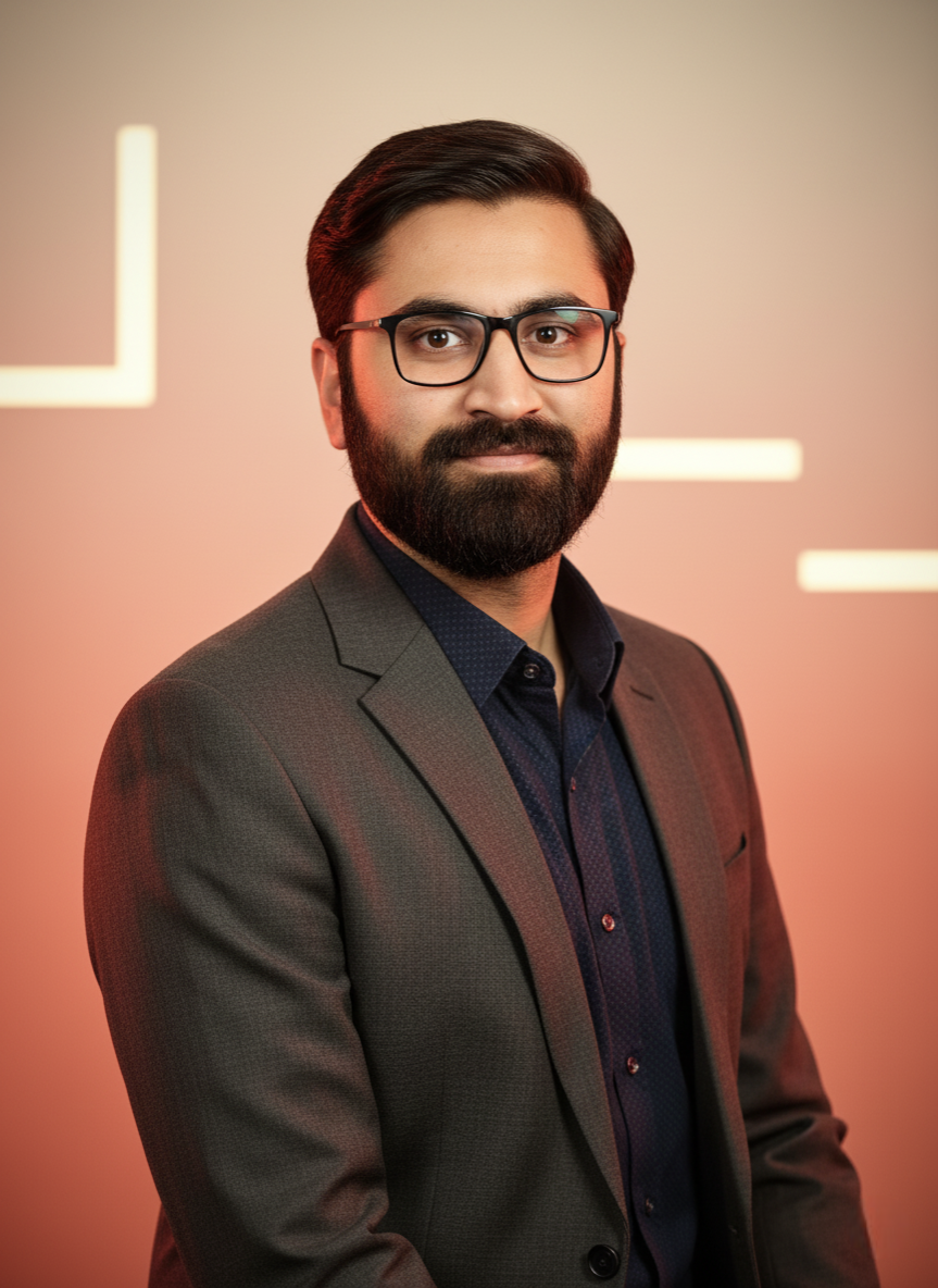 Man with dark hair, beard, glasses, wearing a dark blazer and navy shirt against a warm gradient background.