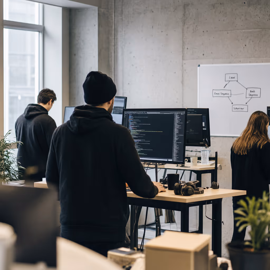 "Business presentation in modern workspace with German-language dashboard on screen and collaborative discussion.