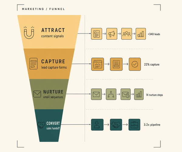 Marketing funnel with stages: attract leads, capture form submissions, nurture emails, convert sales.