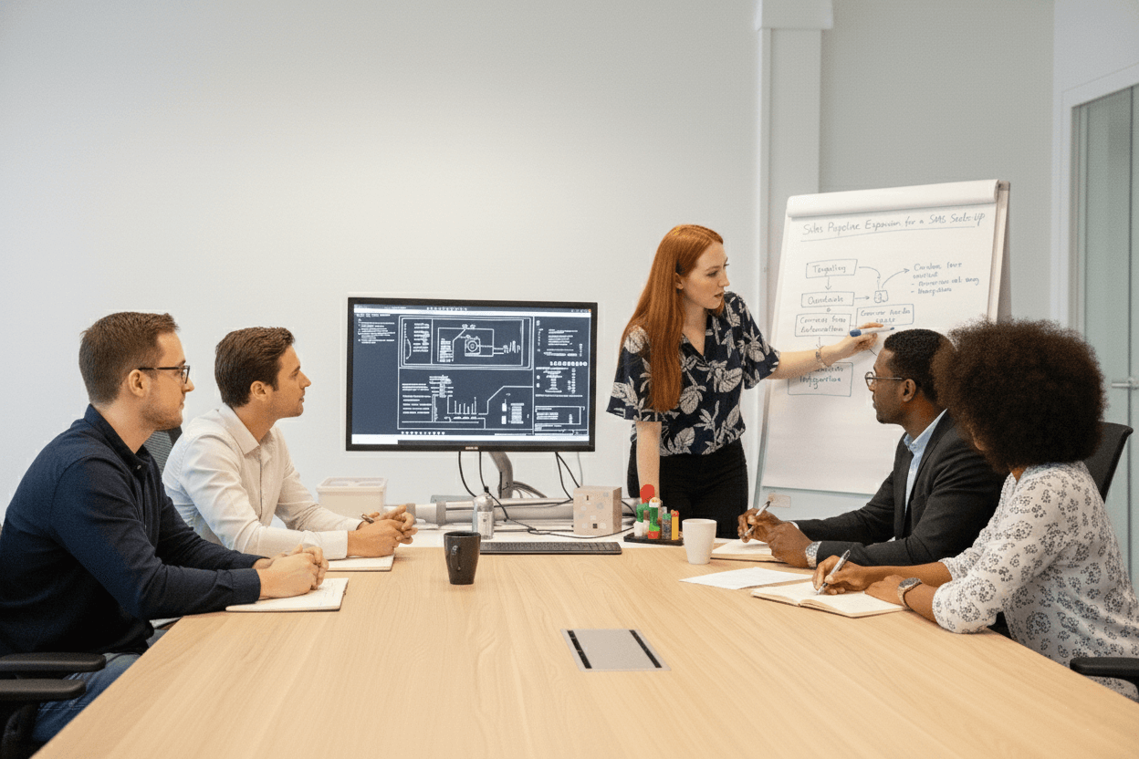 Presenting SaaS sales pipeline strategy with annotated flip chart and technical dashboard.