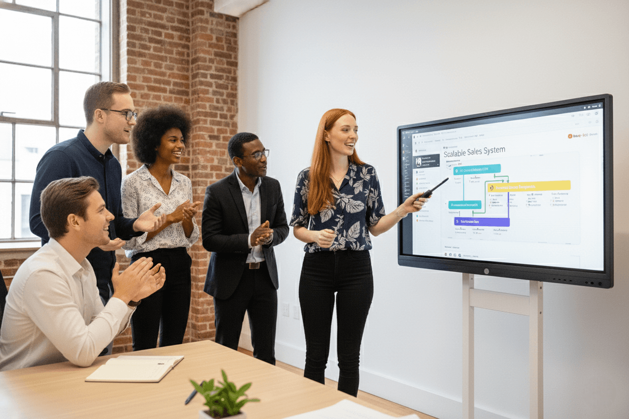 Presenting scalable sales system flowchart with CRM, strategy, and conversion steps.
