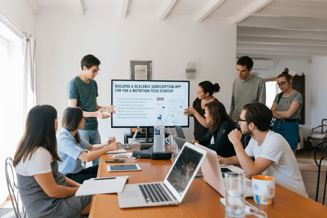 Workspace presentation on building a scalable subscription app for a nutrition-tech startup with UX and analytics focus.