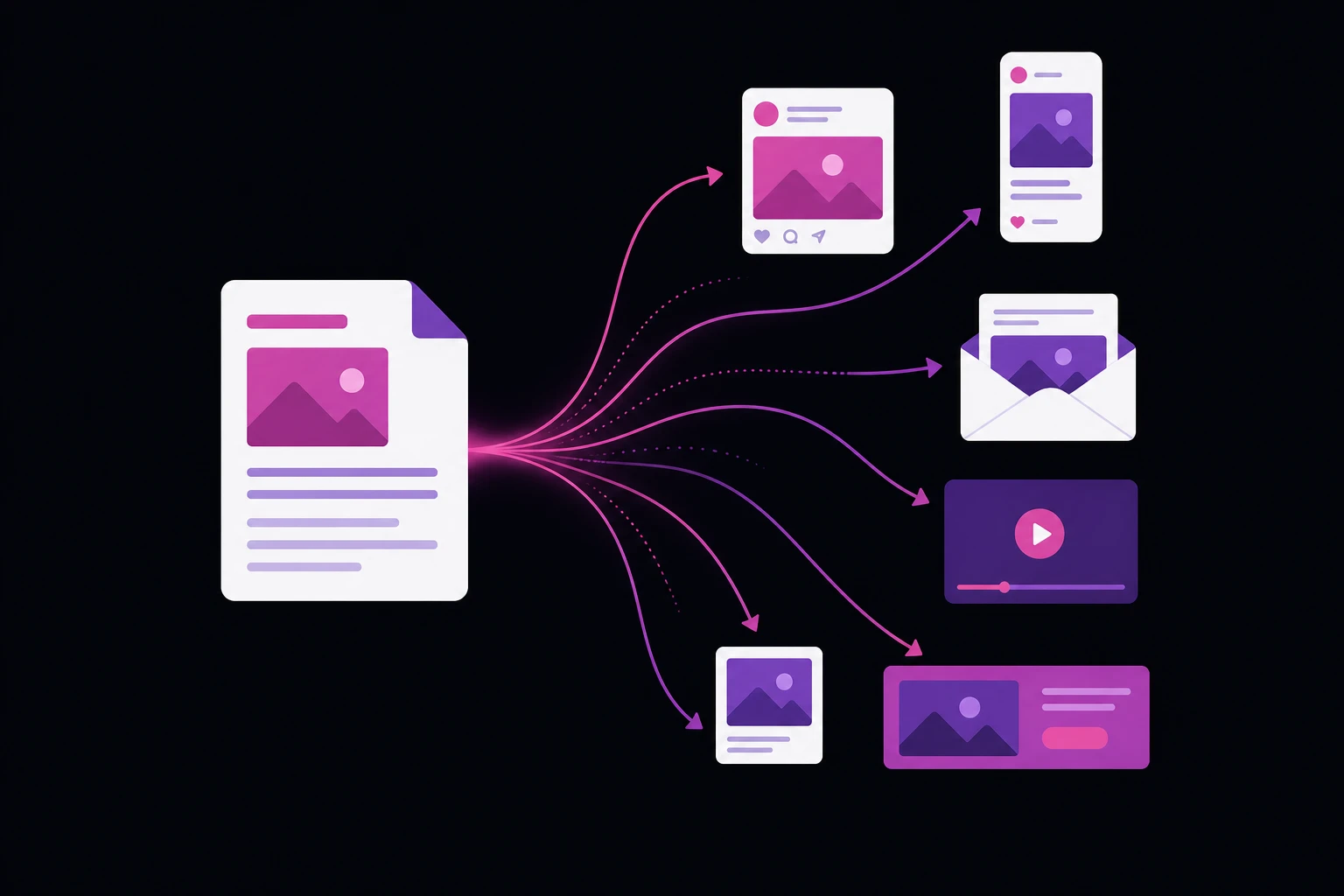 Illustration of one piece of content repurposed into many formats