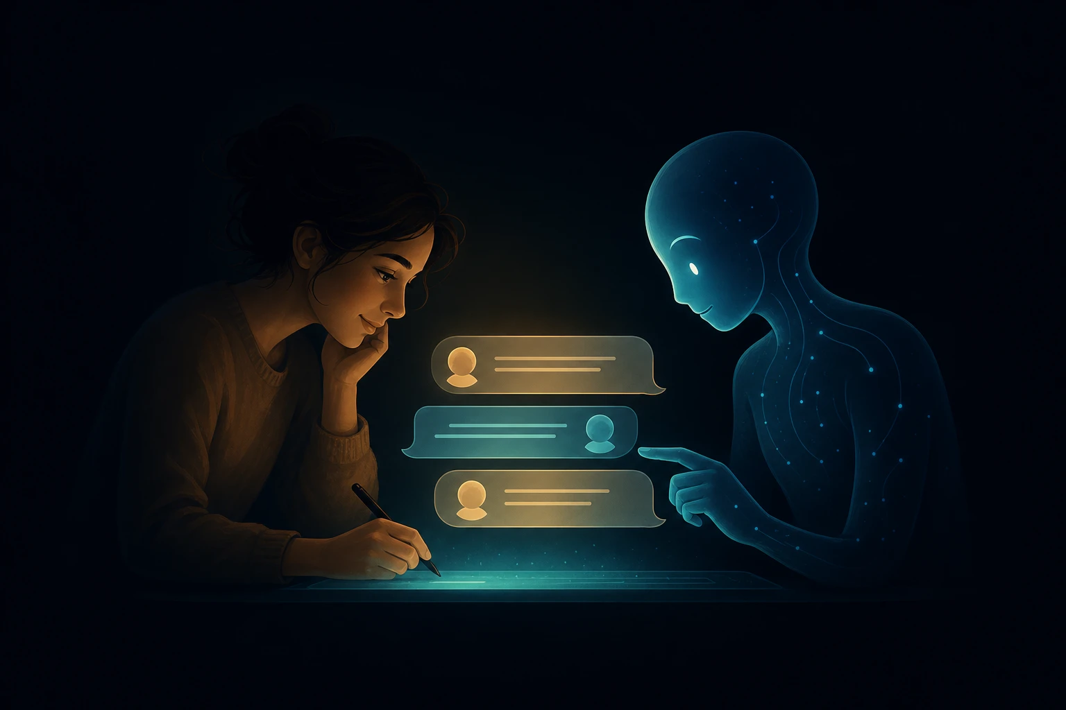 Illustration of AI and a human agent collaborating on a support conversation