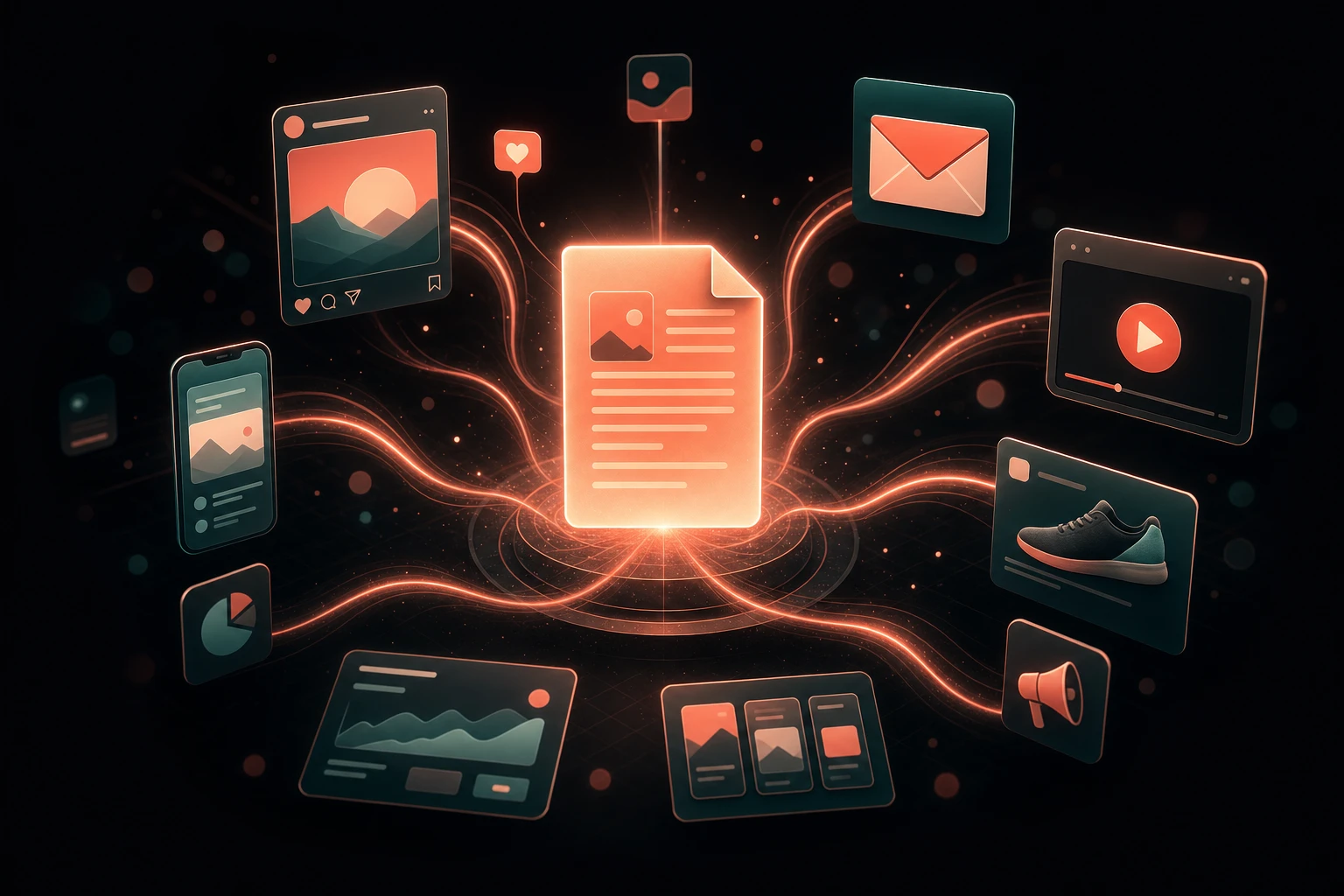 Illustration of one piece of content repurposed into many formats