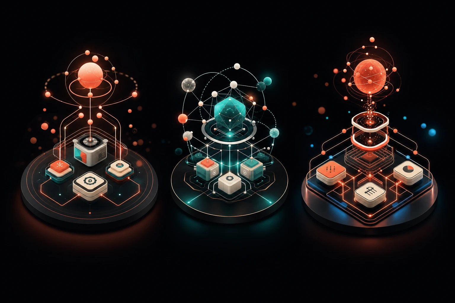 Side-by-side illustration of three automation platforms as node systems