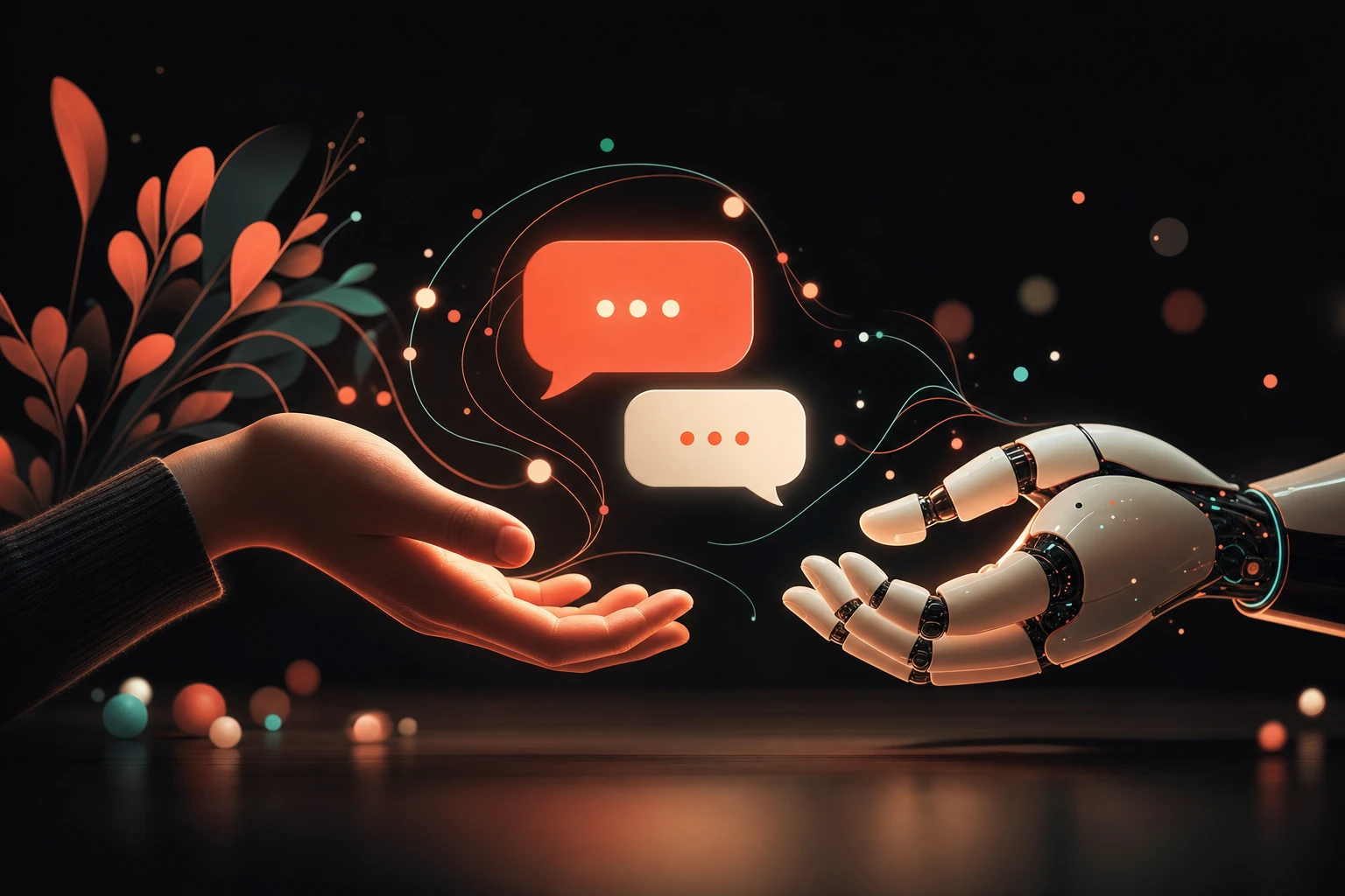 Illustration of AI and a human agent collaborating on a support conversation