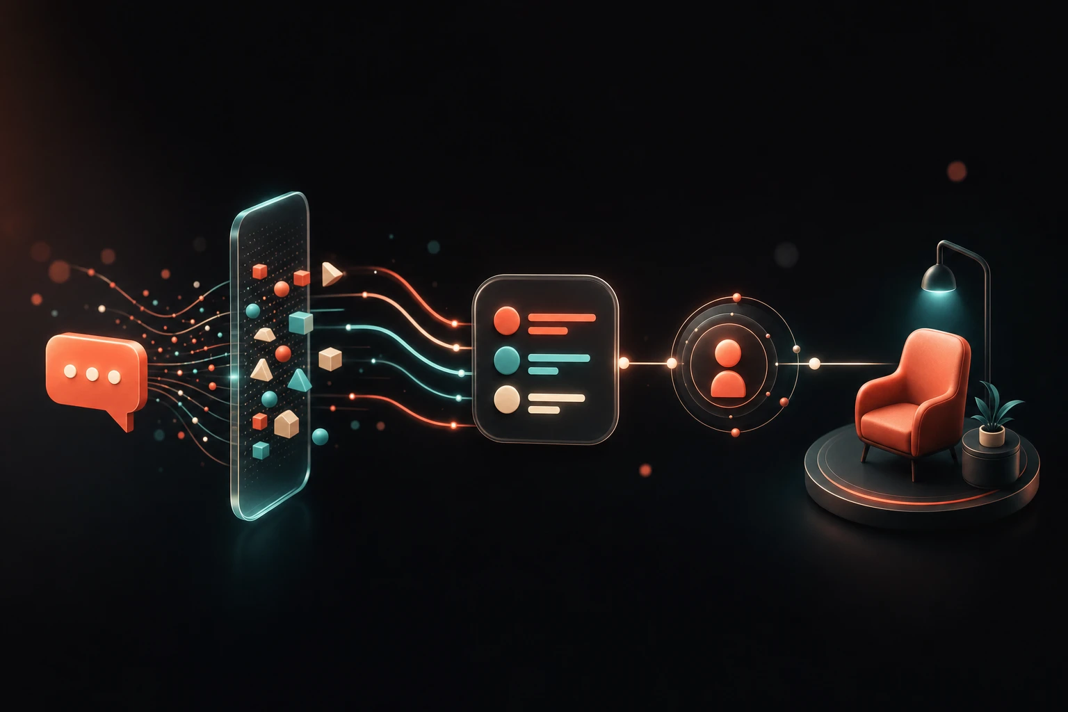 Illustration of an AI-assisted support pipeline routing to a human agent