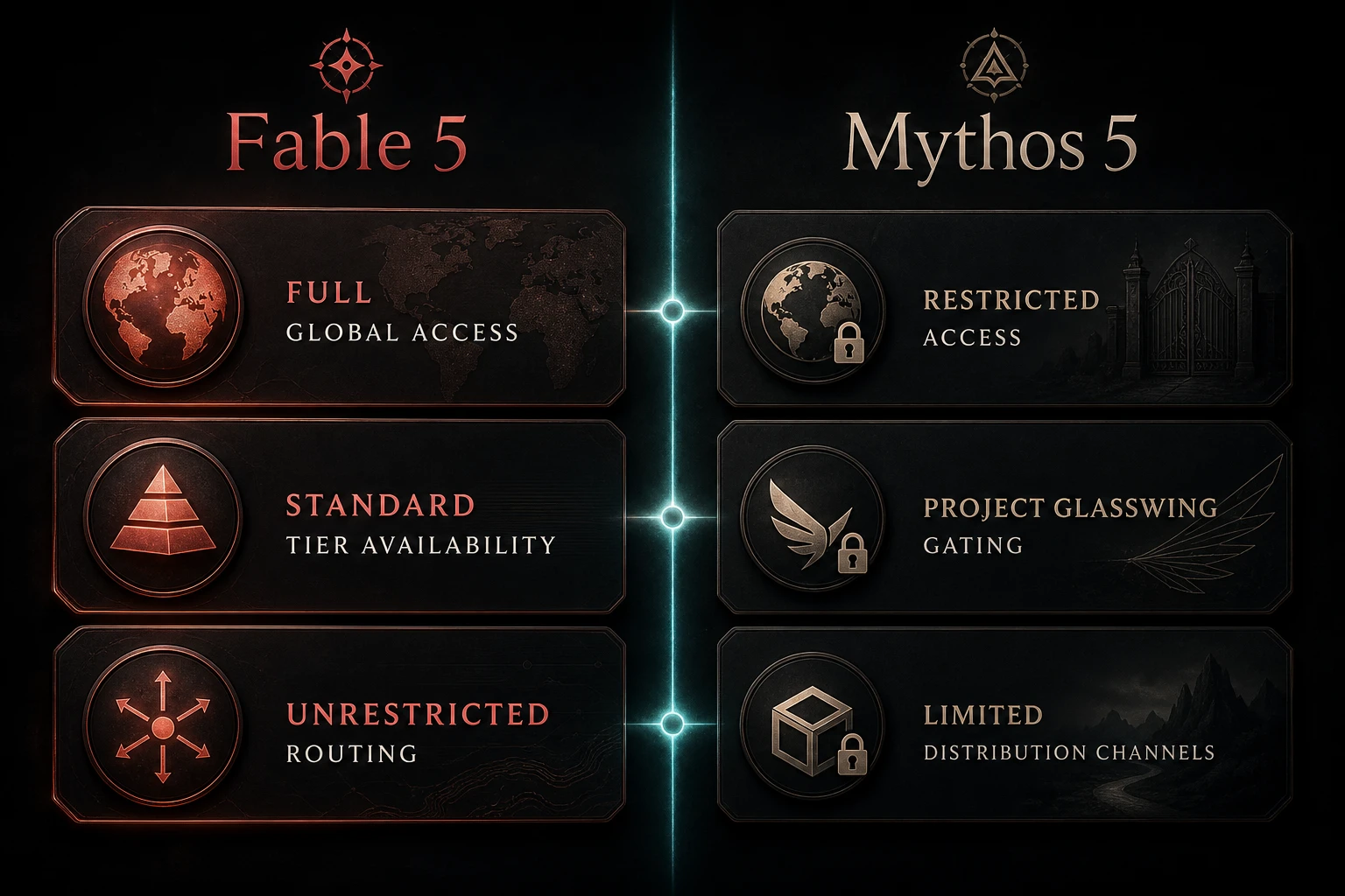 Side-by-side comparison chart of Claude Fable 5 versus Claude Mythos 5 showing access levels, availability status, and capability differences