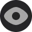 Simple flat design icon of an eye with a grey iris and black pupil on a dark grey background.