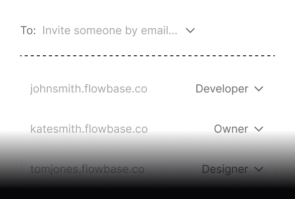 User list interface showing three email addresses with associated roles: Developer, Owner, and Designer, each with a dropdown arrow.