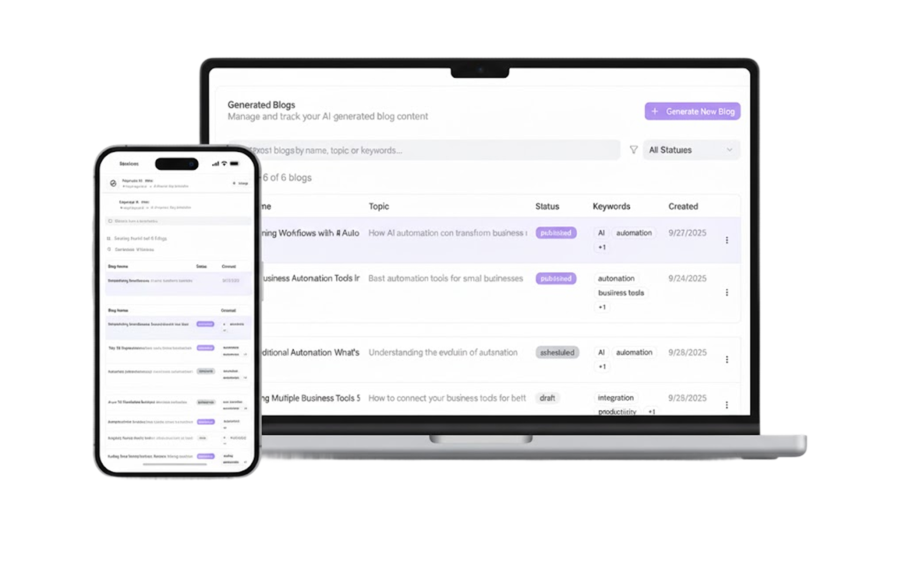 Laptop and smartphone display a blog management platform with lists of AI-generated blog titles, statuses, keywords, and creation dates.