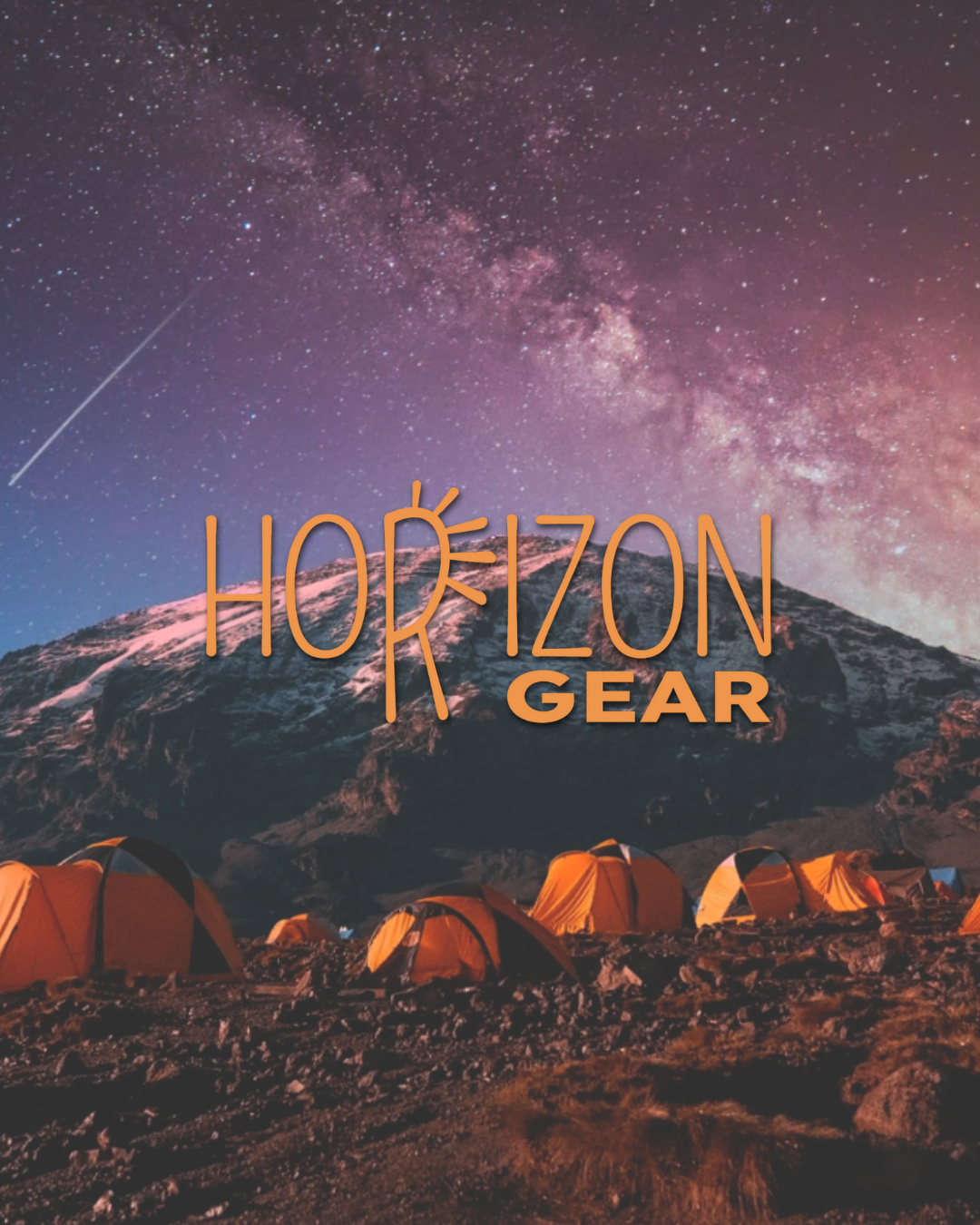 The "Horizon Gear" logo (orange text with a stylized sun in the "O") overlaid on a dramatic night landscape photo of tents camped below a starry, milky-way filled sky and a snow-capped mountain.