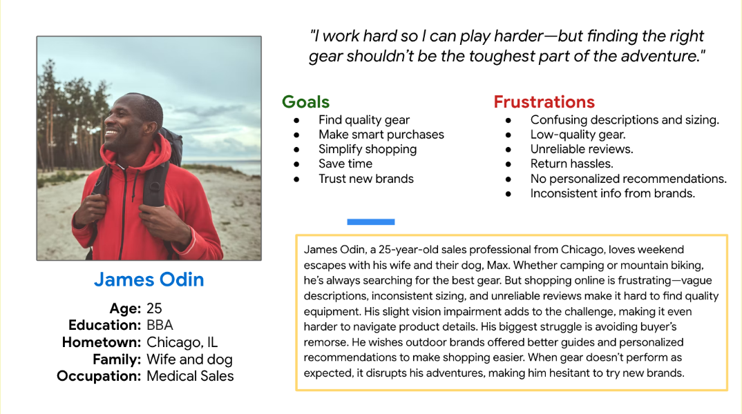 Visual display of the core user personas and a few key user stories that guided the mobile app's feature set.
