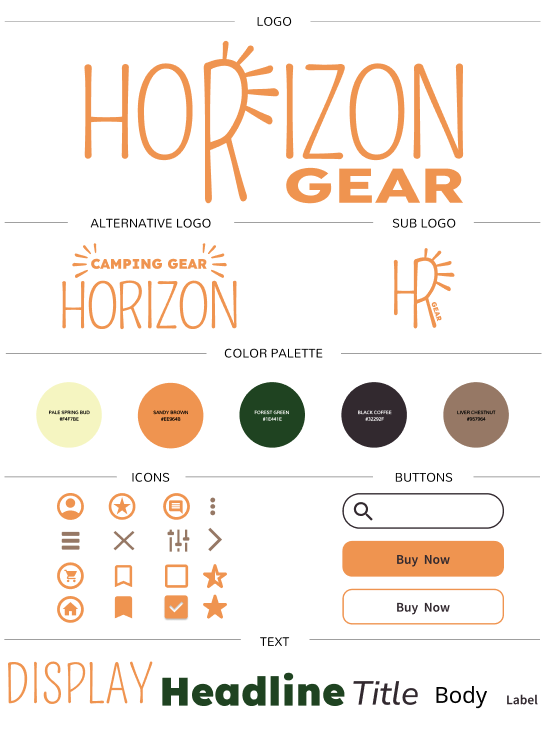 Digital sticker sheet or design system showing the Horizon Gear app's color palette, typography, and primary UI components.