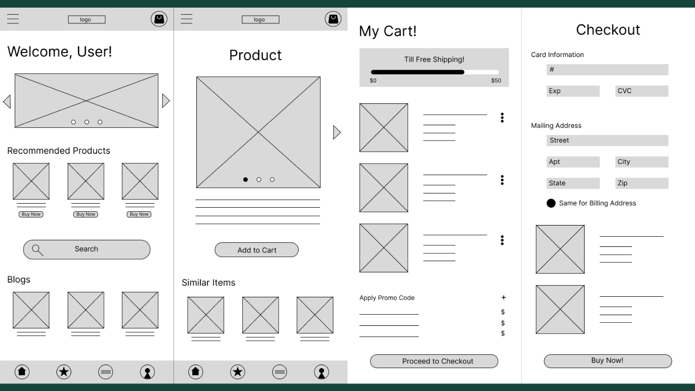 Low-fidelity wireframes showing the app's structure and information hierarchy for the camping gear checkout flow.