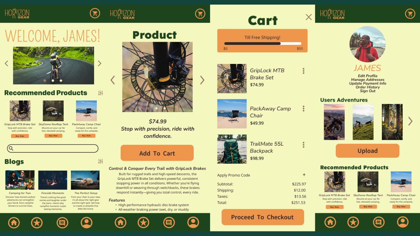 High-fidelity mockup of the Horizon Gear mobile app's personalized product recommendation screen with brand colors.