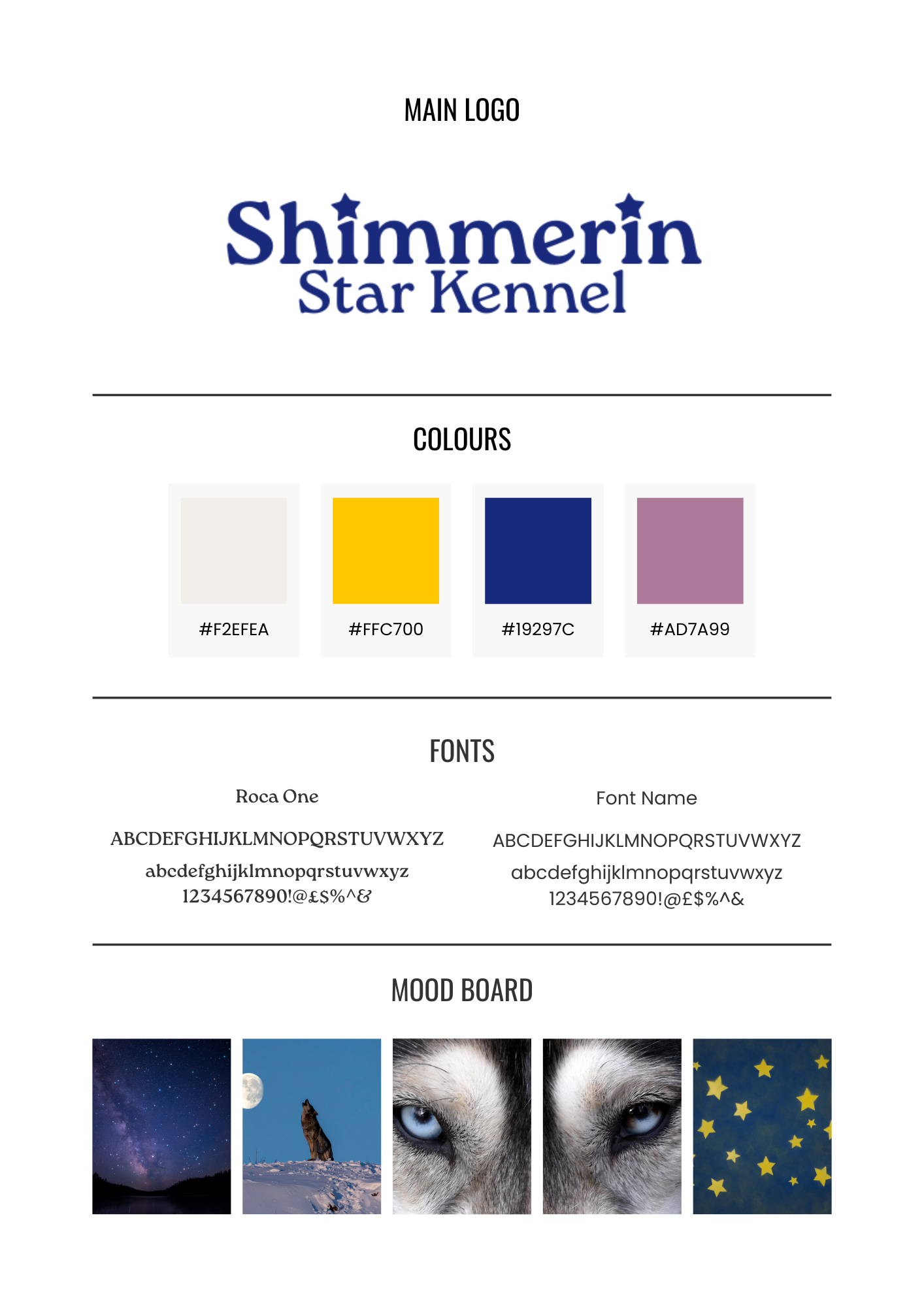 Finalized Shimmerin Star Kennel logo and the defined branded color palette (primary and secondary colors) for digital use.