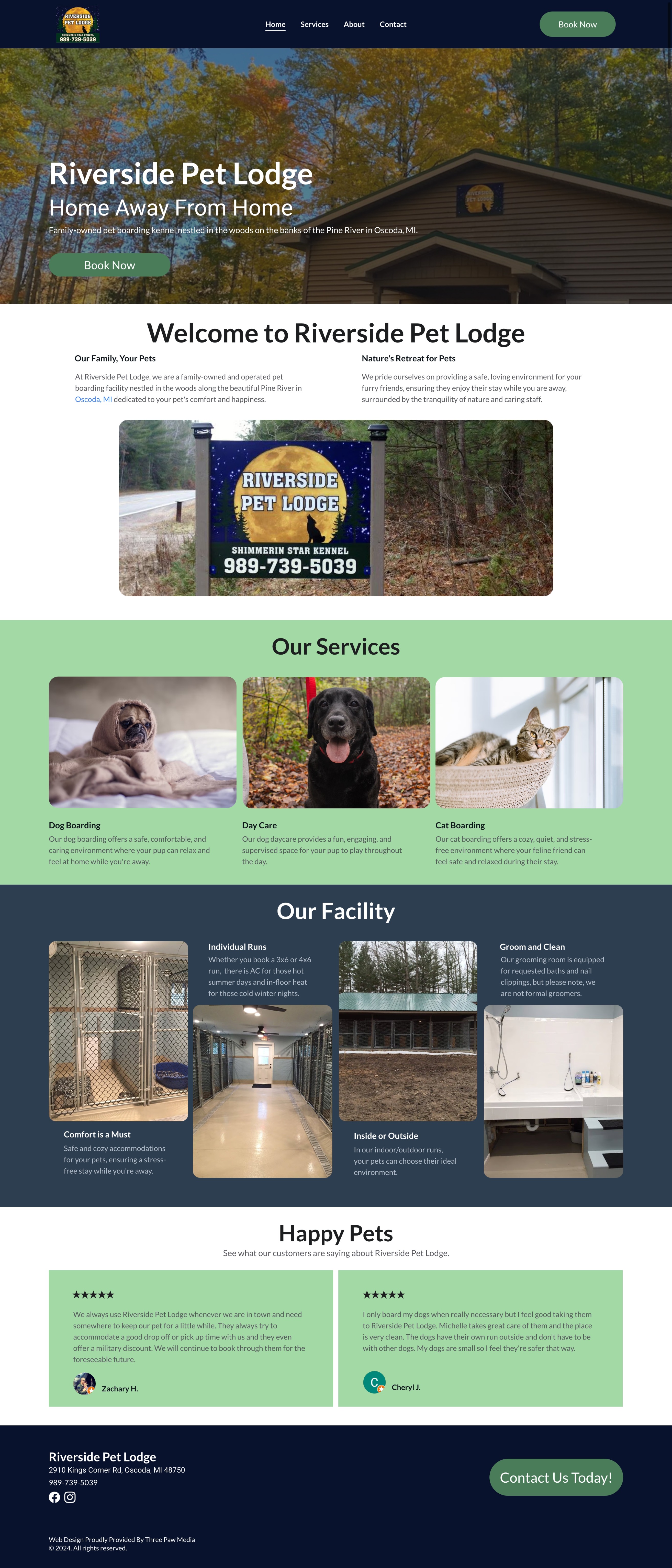 Screenshot of the final, responsive Riverside Pet Lodge website design on a mobile device, showing the hero section and user-friendly layout.