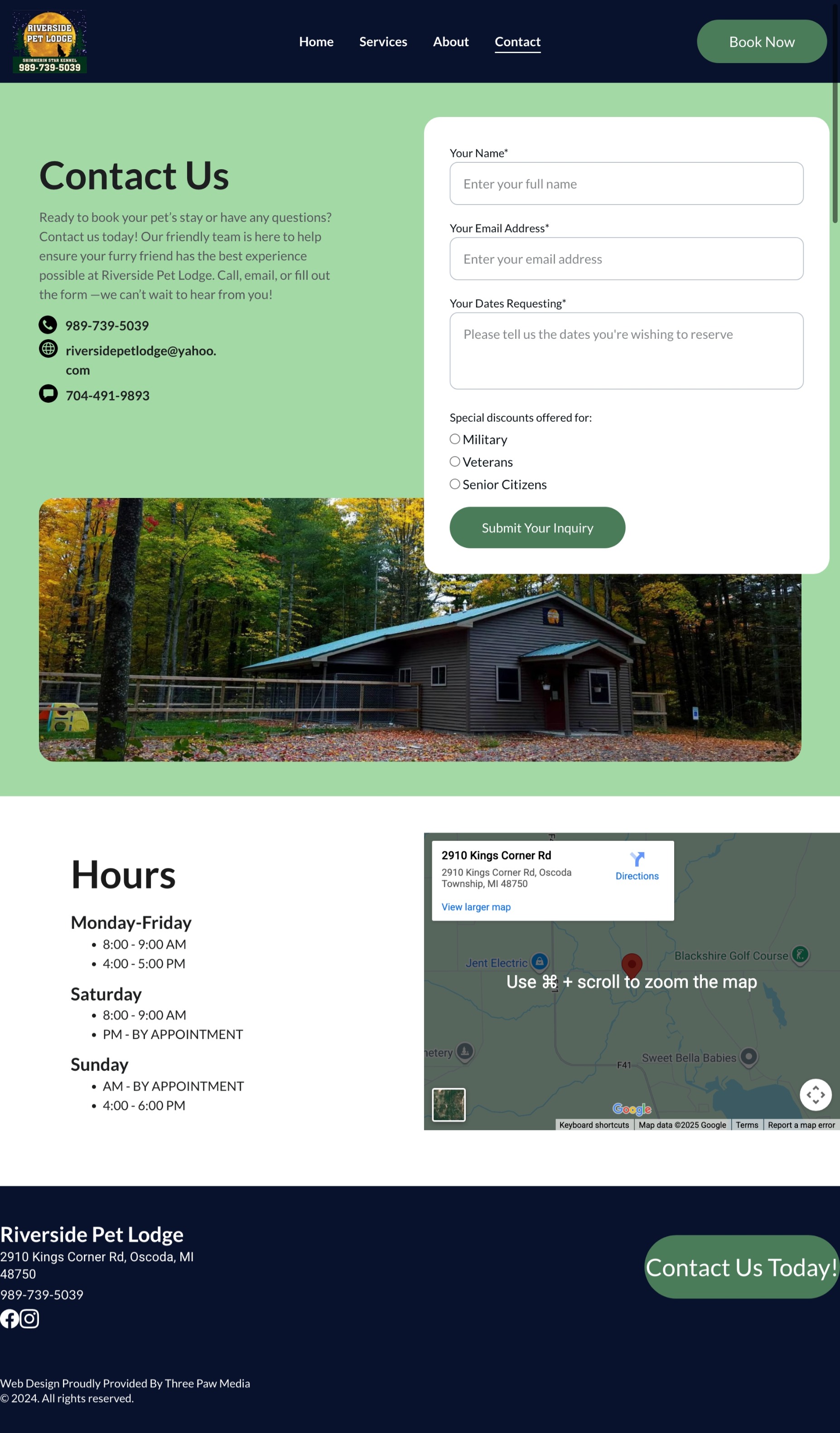 Screenshot of the contact page, visually highlighting the clear, intuitive navigation bar used to access services and booking forms.