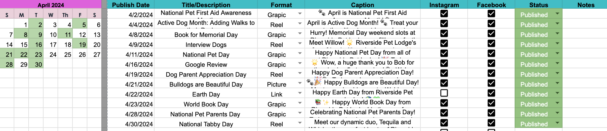 Image of the social media content calendar, outlining the planned posts, dates, and content pillars for the Riverside Pet Lodge monthly retainer.