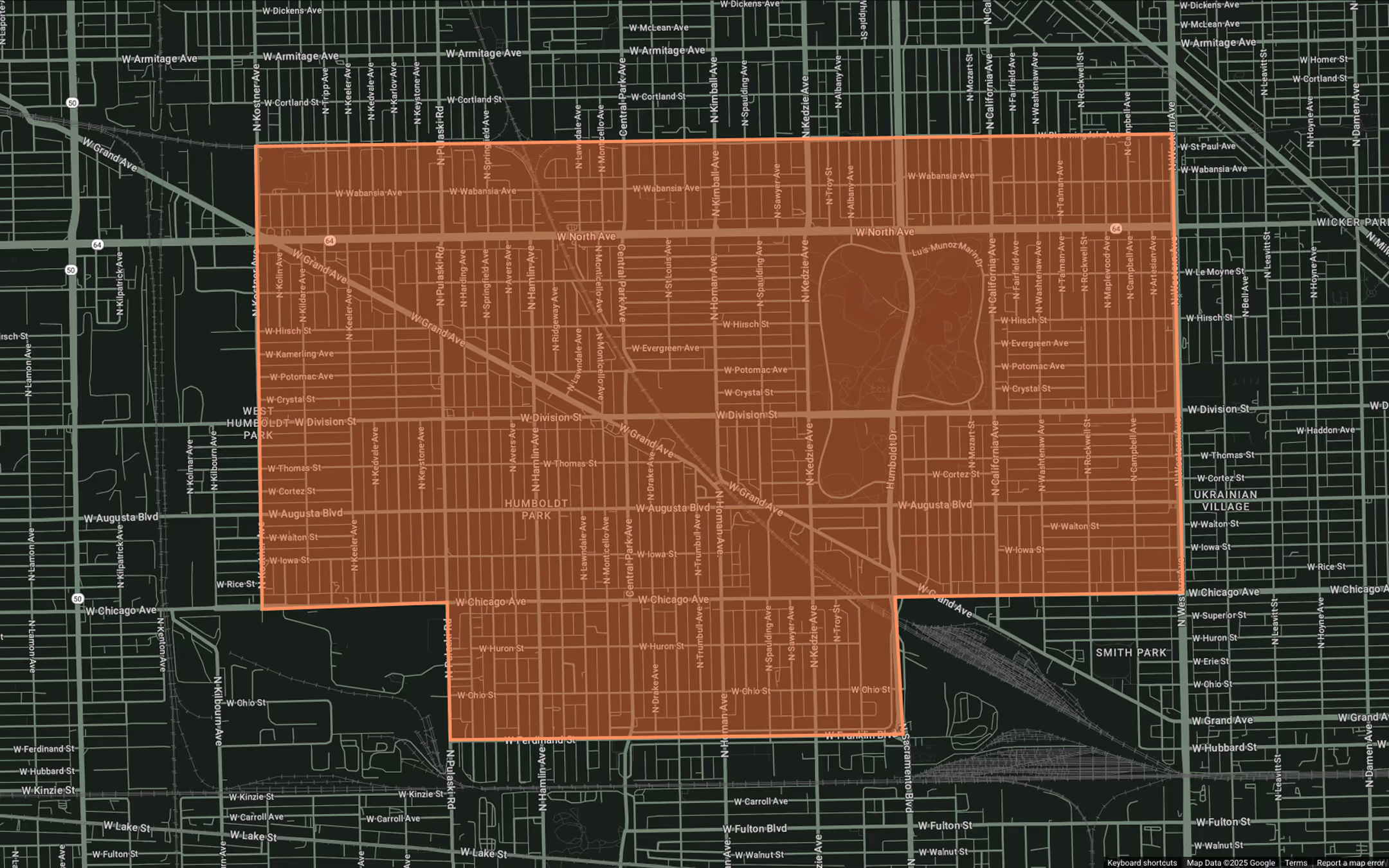 Map highlighting Humboldt Park neighborhood in Chicago with streets and parks labeled.