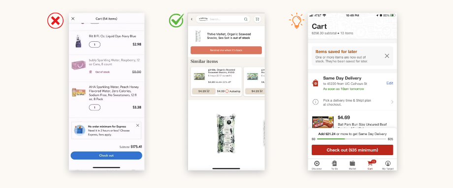 This three-part graphic profiles the "Lighten the Load" customer segment, which prioritizes efficiency and family "Connectedness" over the shopping process. The second panel audits the Kroger app, using red annotations to highlight user frustration and con