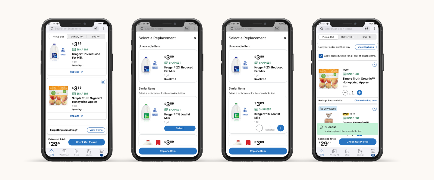 Four mobile screens show the "Select a Replacement" flow where a user selects 1% milk to replace unavailable 2% milk, ending in a success message.