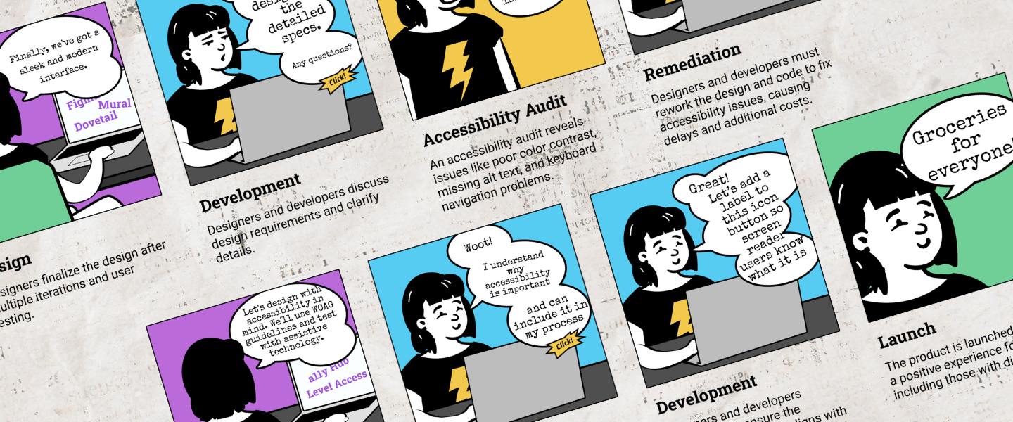 Comic panels illustrate the benefits of shifting accessibility early in design. Text covers design, development, audits, remediation, and launch.