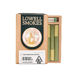 Open pack of Lowell Smokes containing six premium pre-rolls with a black and brown label featuring a circular logo of a Native American figure.