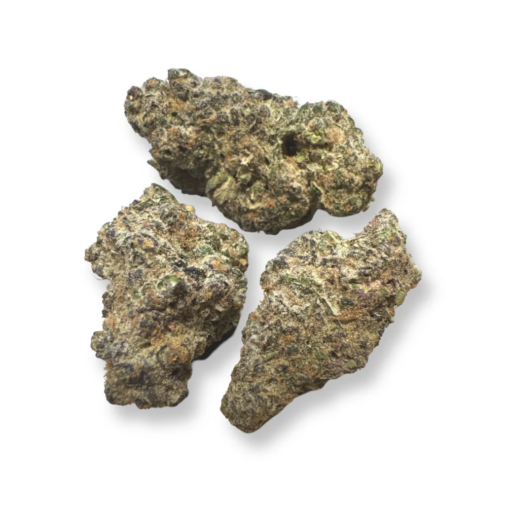 Three dense cannabis buds with a mix of green, purple, and orange hues on a white background.